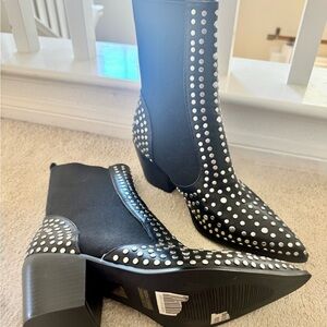 ShuShop Black and Silver Studded Heeled Boots
